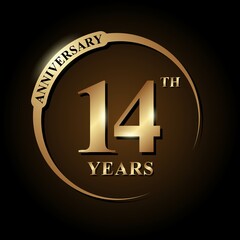 14 years anniversary celebration. Anniversary logo with ring and elegance golden color isolated on black background, vector design for celebration, invitation card, greeting card, and banner