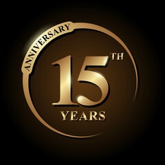 15 years anniversary celebration. Anniversary logo with ring and elegance golden color isolated on black background, vector design for celebration, invitation card, greeting card, and banner