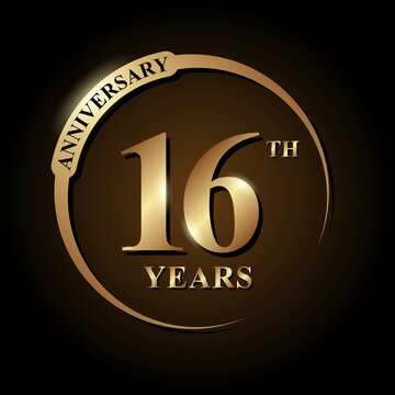 16 years anniversary celebration. Anniversary logo with ring and elegance golden color isolated on black background, vector design for celebration, invitation card, greeting card, and banner