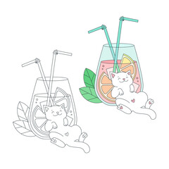 Coloring page with cute cat. Summer illustration of a happy cat and a cocktail glass. Vector 10 EPS.