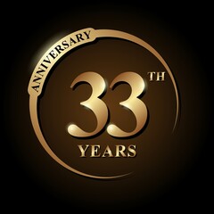 33 years anniversary celebration. Anniversary logo with ring and elegance golden color isolated on black background, vector design for celebration, invitation card, greeting card, and banner