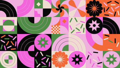 Modernism Aesthetics Inspired Vector Graphic Pattern Made With Abstract Geometric Shapes - 491449254