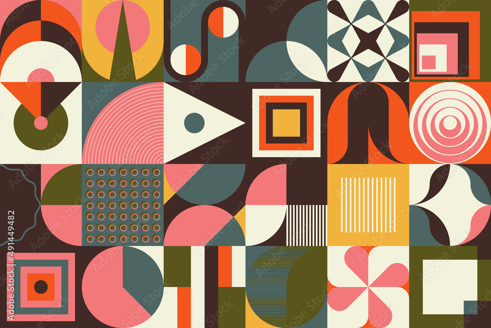 Poster mid-century inspired graphic pattern art made with abstract vector geometric shapes and elements