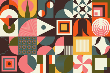 Mid-Century Inspired Graphic Pattern Art Made With Abstract Vector Geometric Shapes and Elements - 491449482
