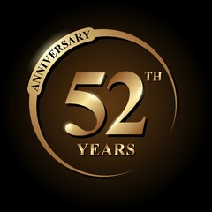 52 years anniversary celebration. Anniversary logo with ring and elegance golden color isolated on black background, vector design for celebration, invitation card, greeting card, and banner