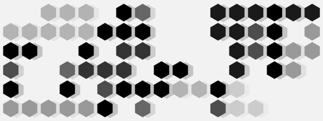 Background with hexagons in black, dark gray, gray and white colors. Chaotically arranged figures. Artistic element. Illustration.