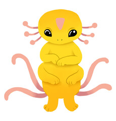 Cute cartoon yellow monster with pink tales. Funny character children illustration. Isolated on white background