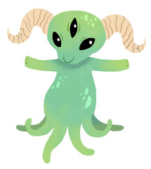 Cute cartoon green three eyed goat monster with horns. Funny character children illustration. Isolated on white background