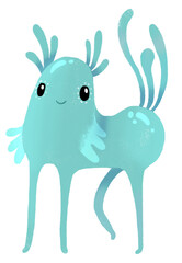 Cute cartoon blue magic monster. Funny character children illustration. Isolated on white background