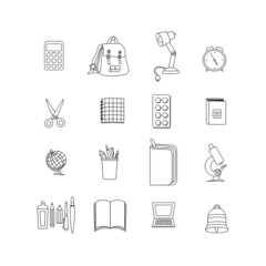 Obraz premium Back to school vector set of elements. Educational clipart. School supplies. Cute flat style classroom objects. Ready for school stuff. Back to school. Vector illustration