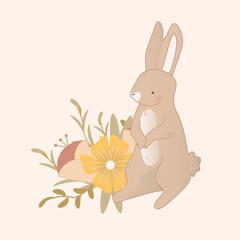Cute bunny with floral elements. Easter bunny. Postcard with Easter Bunny. Funny rabbit. Easter Bunny.