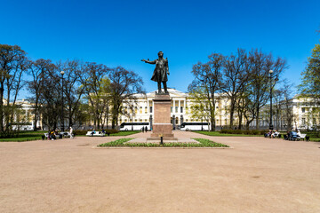 Alexander Pushkin monument at the Arts Square in Saint Petersburg, Russia. landscape of St...