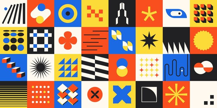 Geometric brutalist poster. Simple geometrical elements bold forms swiss bauhaus style. Minimal primitive geo figures