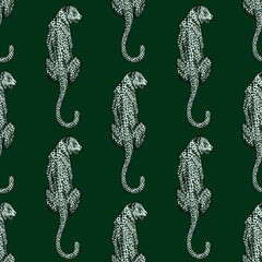 Leopard sit back seamless pattern. Vintage wildlife animals background. © Purple_Lamp