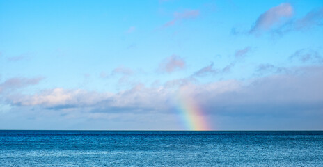 Panoramic winter view of Baltic sea with gulls on water surface with rainbow over maritime horizon...