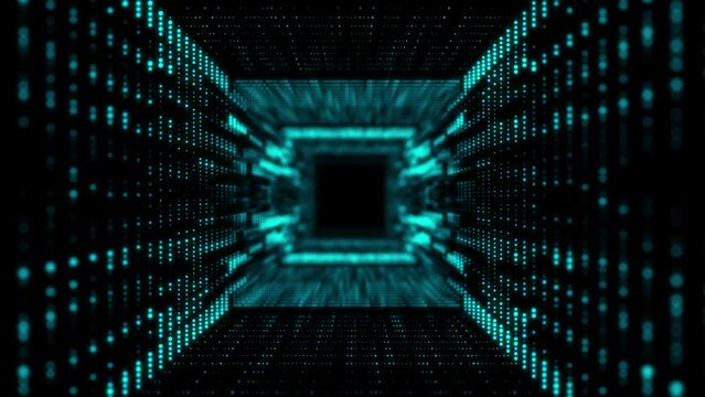 Abstract dynamic wireframe tunnel on black background. Deep wavy wormhole. Network security. Futuristic particle flow. 3d rendering.