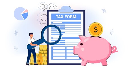 Filling tax from Analyzing financial data Online tax payment Return as document for VAT payment calculation Financial taxation refund or get back overpaid money from government vector illustration