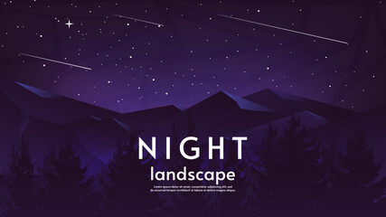 Night landscape. Vector illustration, flat style. Dark forest with mountains, Dark purple starry sky with comets. Design for background, wallpaper, tourism card. 