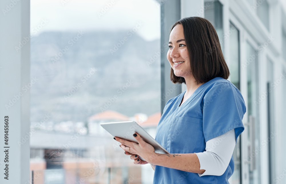 Poster facilitating effective data management with smart tech. shot of a medical practitioner using a digit