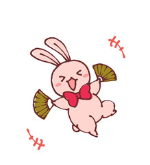 ゆるかわいいデフォルメうさぎのイラスト　扇子踊り