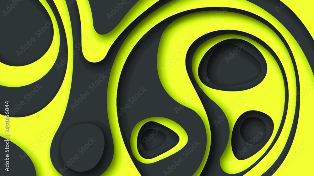Poster yellow and black wavy abstract paper cut background vector shadows 3d smooth objects modern design f