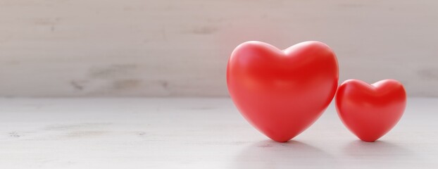Red color heart on empty wooden background. Copy space, banner. 3d render