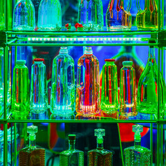 Colorful vibrant bottles in various shapes close-up, bright background