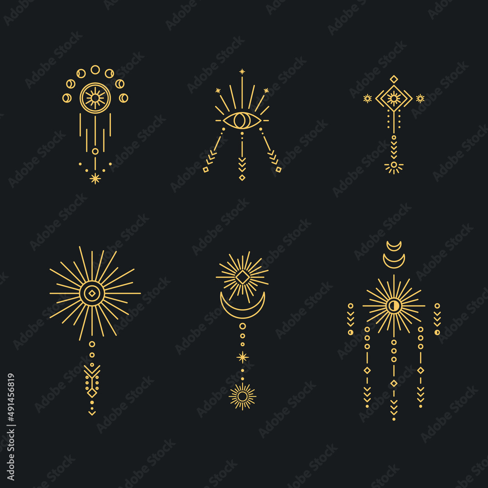 Aufkleber set of moon and sun line art. minimal boho linear symbols. celestial mystic element. vector line art