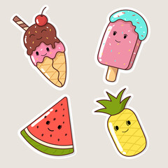set of sticker,summer,ice cream,watermelon,pineapple,vector,illustration