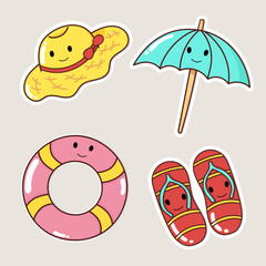 set of sticker summer,Hat beach,swim ring,flip flop,vector,illustration