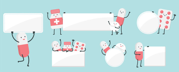 Cut happy pills holding empty signs character cartoon art illustration