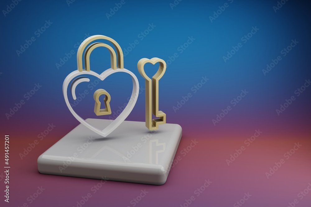Poster wonderful heart padlock symbol icons on a ceramic stand and bright colored background. 3d rendering 