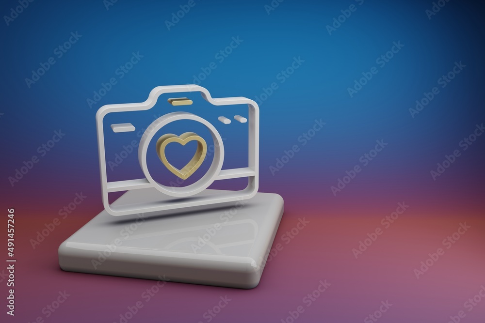 Fototapete wonderful digital camera with heart symbol icons on a ceramic stand and bright colored background. 3
