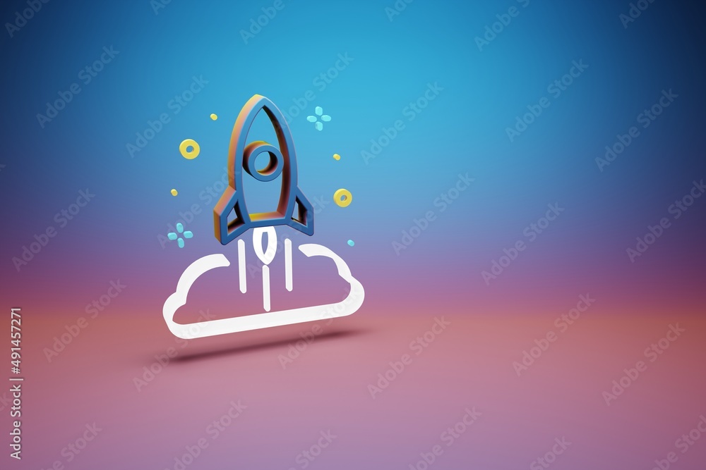Aufkleber Beautiful abstract illustrations Rocket Launch and start symbol icon on a bright colored background. 3d rendering illustration. Background pattern for design. Space exploration..	