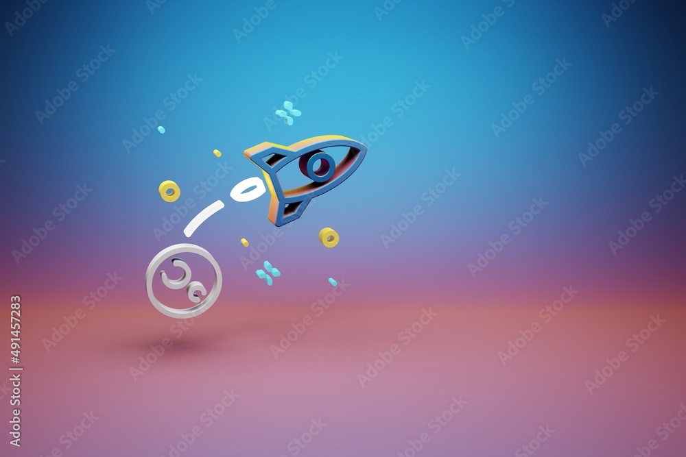 Aufkleber Beautiful abstract illustrations Rocket Launch and start symbol icon on a bright colored background. 3d rendering illustration. Background pattern for design. Space exploration..