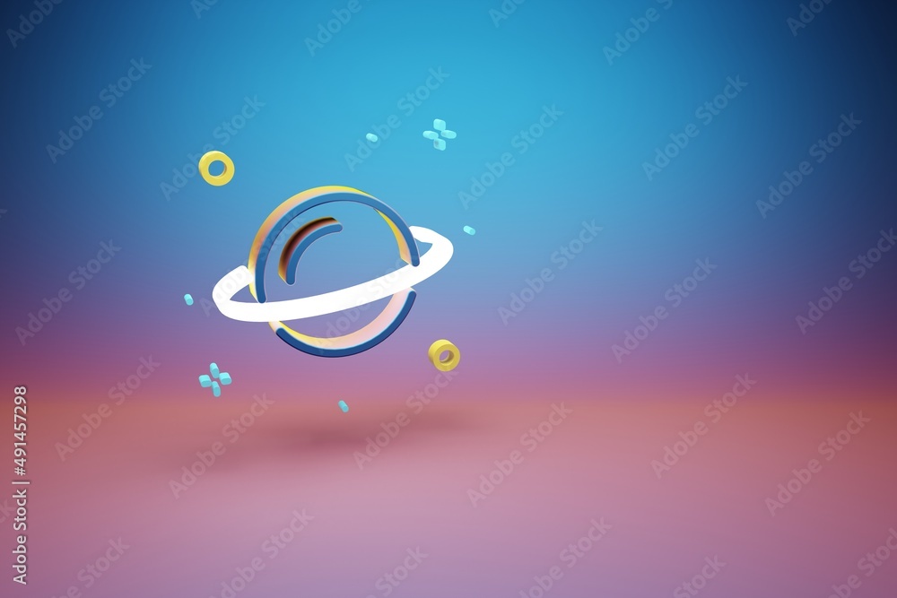 Poster Beautiful abstract illustrations Saturn and start symbol icon on a bright colored background. 3d rendering illustration. Background pattern for design. Space exploration..