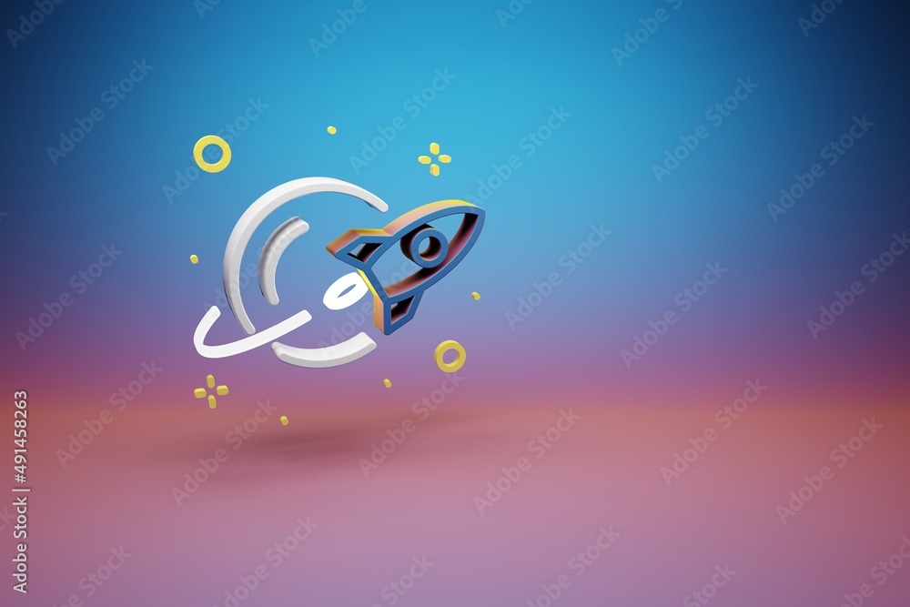 Aufkleber Beautiful abstract illustrations Rocket and start symbol icon on a bright colored background. 3d rendering illustration. Background pattern for design. Space exploration..