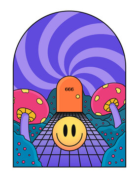 Art Abstract Smile, With Big Mushrooms And Perspective, In Acid Style, Drug Trip