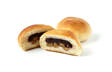 Freshly baked buns lotus red bean cut in half put side by side