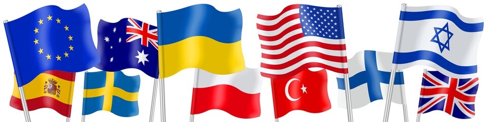 Flags of different countries showing solidarity with ukraine