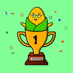 Cute cartoon corn character in trophy in concept 3d cartoon style
