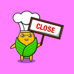 Cute cartoon corn chef character holding close sign designs in concept 3d cartoon style