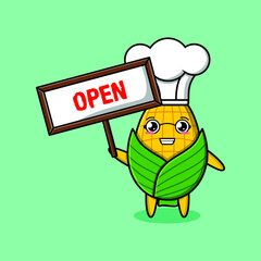 Cute cartoon corn character holding open sign designs in concept 3d cartoon style