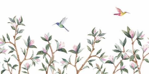 Beautiful horizontal seamless pattern with gentle hand drawn young magnolia flowers. Stock illustration. - obrazy, fototapety, plakaty