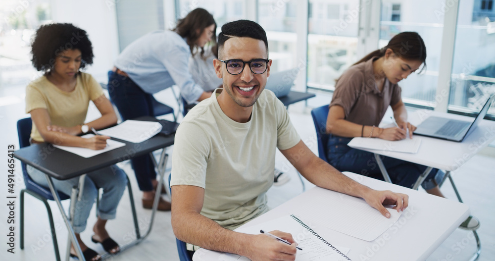 Poster like rowing upstream, not to advance is to drop back. portrait of a happy young student among his cl