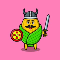 Cute cartoon character Corn viking pirate with hat and holding sword and shield in cute modern style design for t-shirt, sticker, logo element, poster