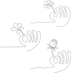 A stylized hand with a flower, a set of three different types. One line hand drawn style