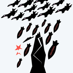 Russian economy destroyed by war banner. Russian military bombers are destroying the Moscov Kremlin by economic sanctions. Black and red on grey illustration stock vector illustration for web, for pri