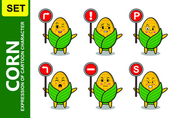 Obraz premium Cute corn cartoon character holding traffic sign in modern 3d style design
