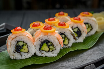 Sushi rolls with shrimp, black tobiko caviar and spicy sauce.